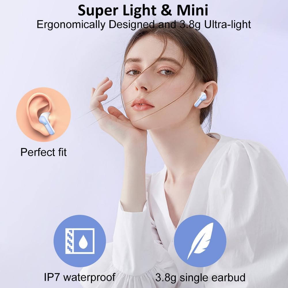Wireless Earbuds, 2026 Bluetooth 5.4 Headphones NEW Ear Buds 40H Bass Stereo in-Ear Earphones ENC Noise Cancelling Earbuds with 4 HD Mic, USB-C LED Display IP7 Waterproof Sport Headset for Android iOS