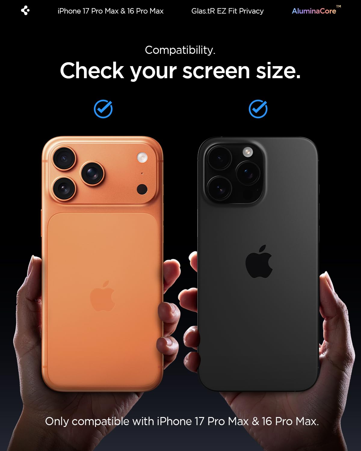 Spigen AluminaCore Tempered Glass Screen Protector [Glas.tR EZ Fit - Privacy] designed for iPhone 17 Pro | iPhone 17 | iPhone 16 Pro [2 Pack] 9H+ Hardness, Aluminum-Enhanced Durability | Tempered Glass, Privacy