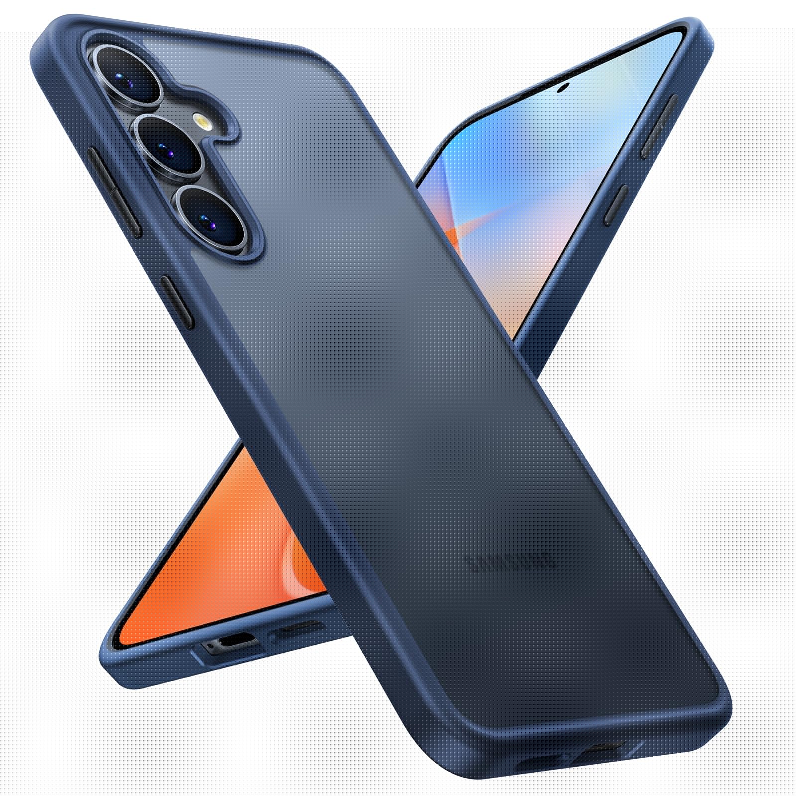 Blue smartphones with triple rear cameras and curved edges, shown back-to-back.