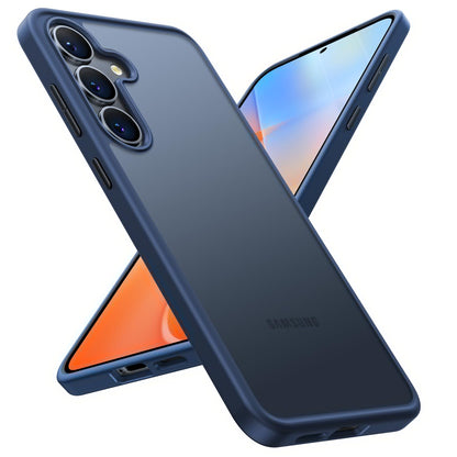 Blue smartphones with triple rear cameras and curved edges, shown back-to-back.