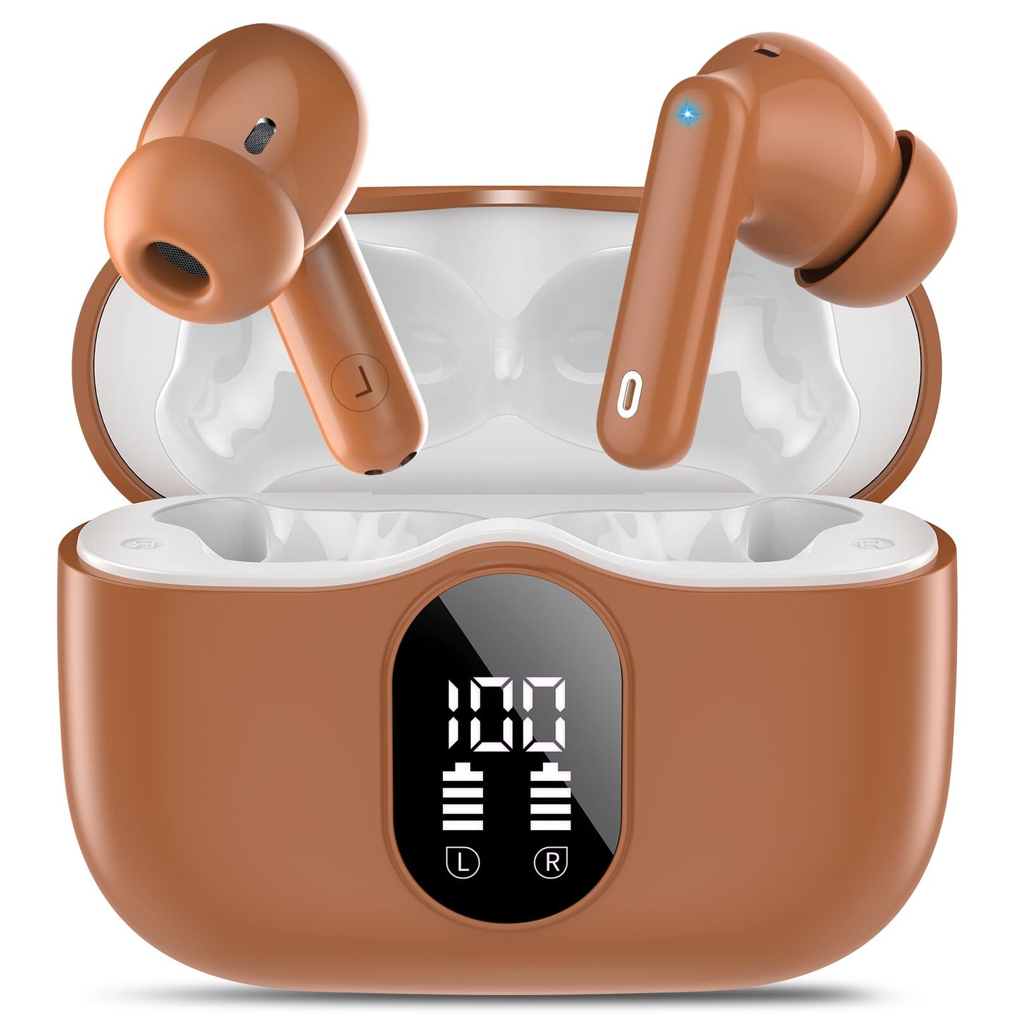 Wireless Earbuds, Bluetooth 5.4 Headphones Bass Stereo, Ear Buds with Noise Cancelling Mic, LED Display in Ear Earphones Clear Calls, IP7 Waterproof Bluetooth Earbuds for Phones/Sports/Laptop, White
