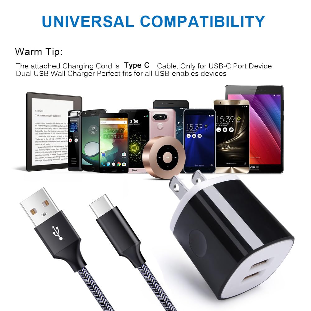 USB C Charger, AndHot Dual Port 2.1A Charger Block Plug+6ft Type C Fast Charging Cable for Samsung Galaxy S26 S25 S24 S23 S22 S21 S20 Note20 A57 A37 A17 A56 A16 A25 A35 A55 A15 A54 A14 A13 A23 A53 A32