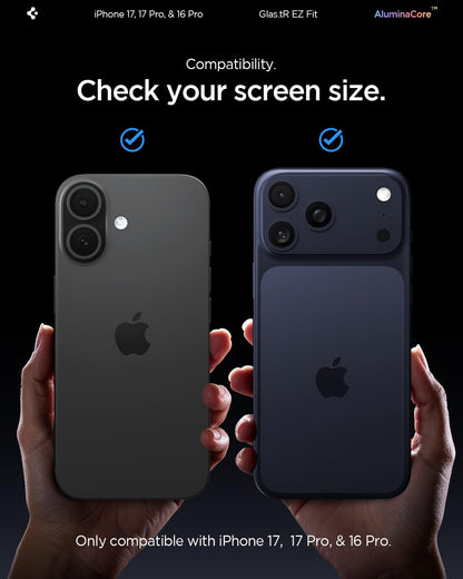 Spigen AluminaCore Tempered Glass Screen Protector [Glas.tR EZ Fit - Privacy] designed for iPhone 17 Pro | iPhone 17 | iPhone 16 Pro [2 Pack] 9H+ Hardness, Aluminum-Enhanced Durability | Tempered Glass, Privacy