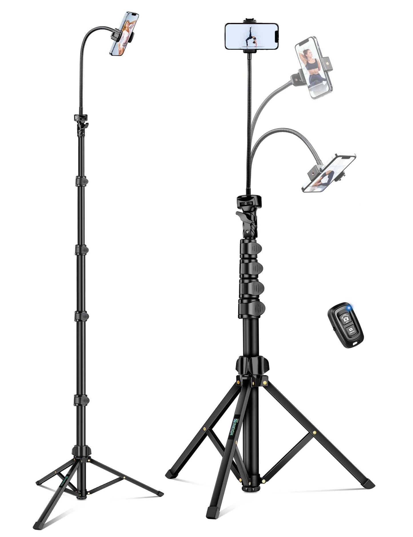 Black tripod stand with adjustable height, phone holder, and remote control against white background.