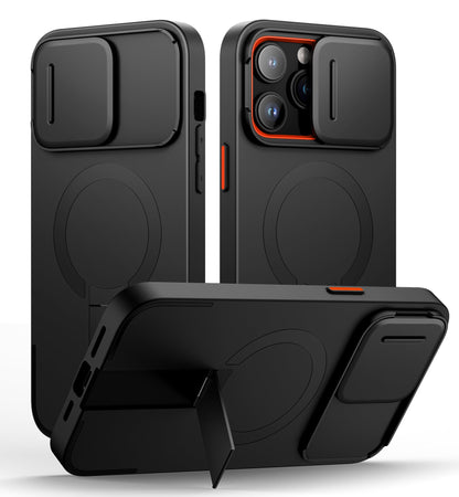 SURITCH for iPhone 14 Pro Max Case with Magnetic Camera Slide Cover and Adjustable Kickstand, Compatible with MagSafe, Shockproof Bumper Case Slim Protective Cover 6.7 Inch, Black