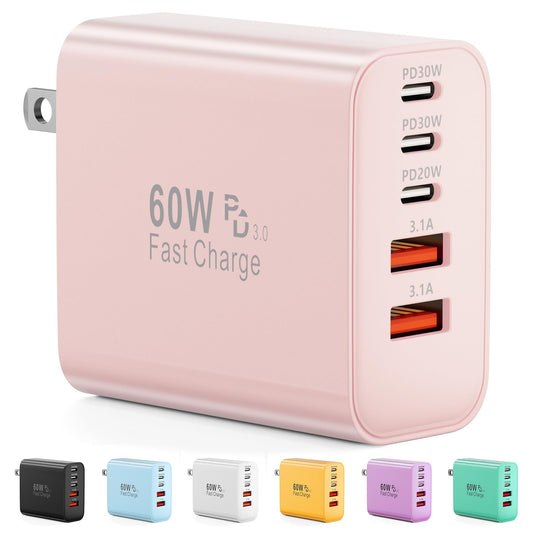 Pink 60W fast charger with two USB-C and two USB ports. Color options shown below: black, white, blue, pink, yellow, purple, mint, orange.