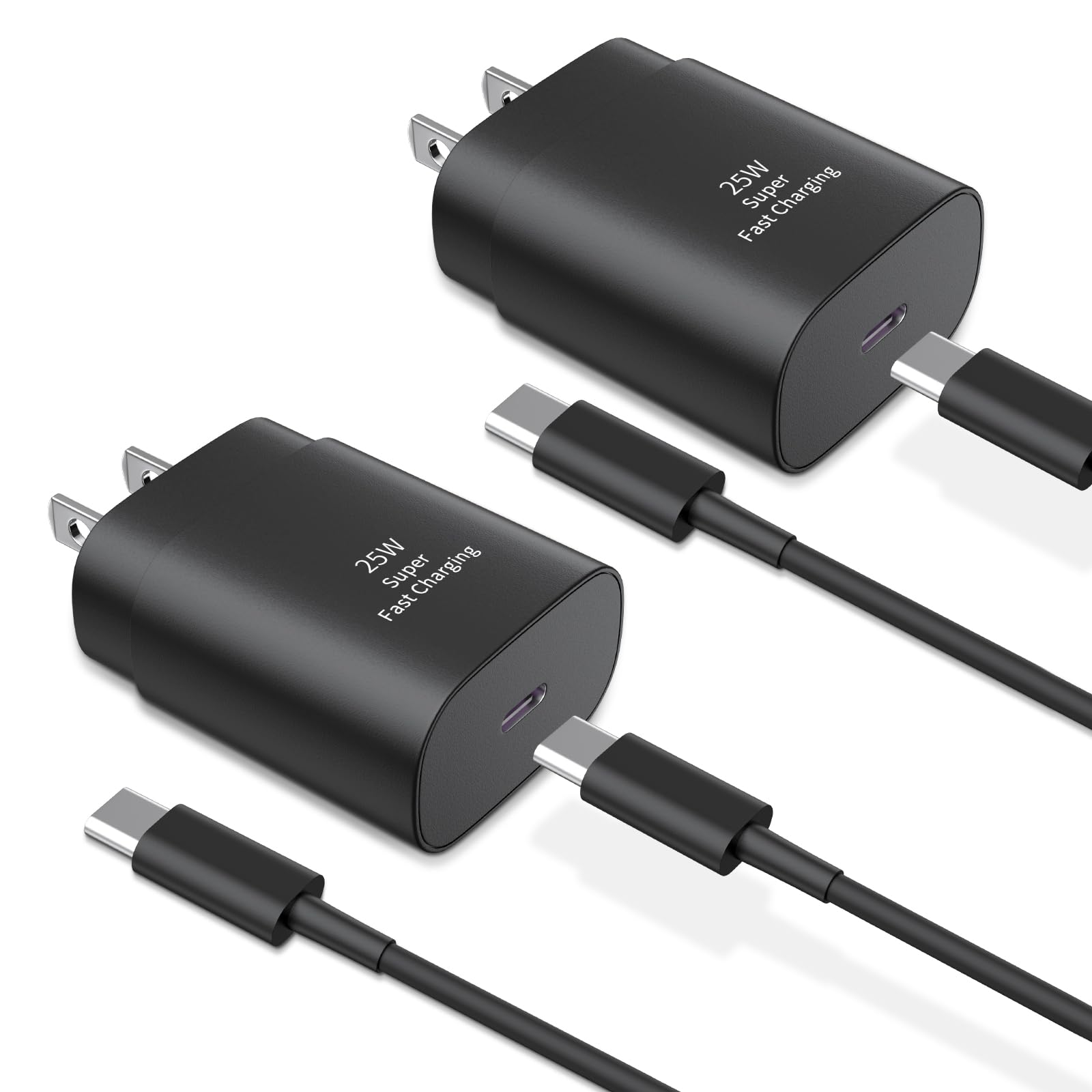 Two black USB-C wall chargers with attached cables, showing prongs and ports.