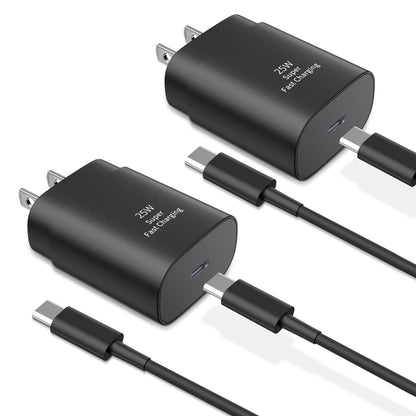 Two black USB-C wall chargers with attached cables, showing prongs and ports.
