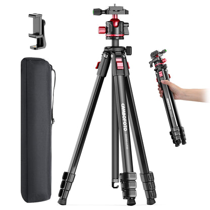 Black and red tripod with adjustable legs, phone mount, and carrying bag. Hand holding folded tripod.