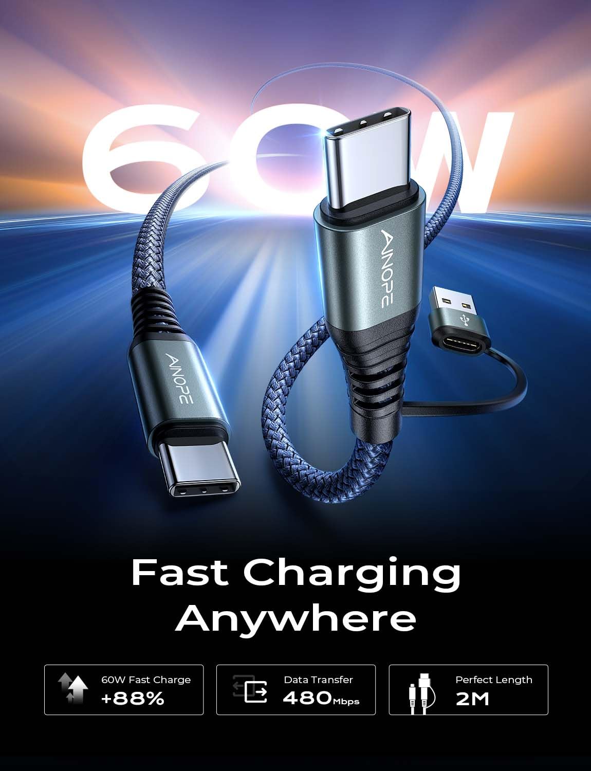 AINOPE 10FT Fast Charge USB C Cable & Adapter - Small Enterprise