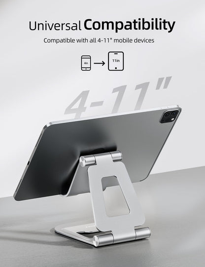 Nulaxy Aluminum Dual Foldable iPad Stand, Fully Adjustable Desktop Tablet Holder, Tablet Accessories for Office Kindle Compatible with Mobile Devices iPad Pro/Air/Mini, iPhone Pro/Max/Plus, Silver
