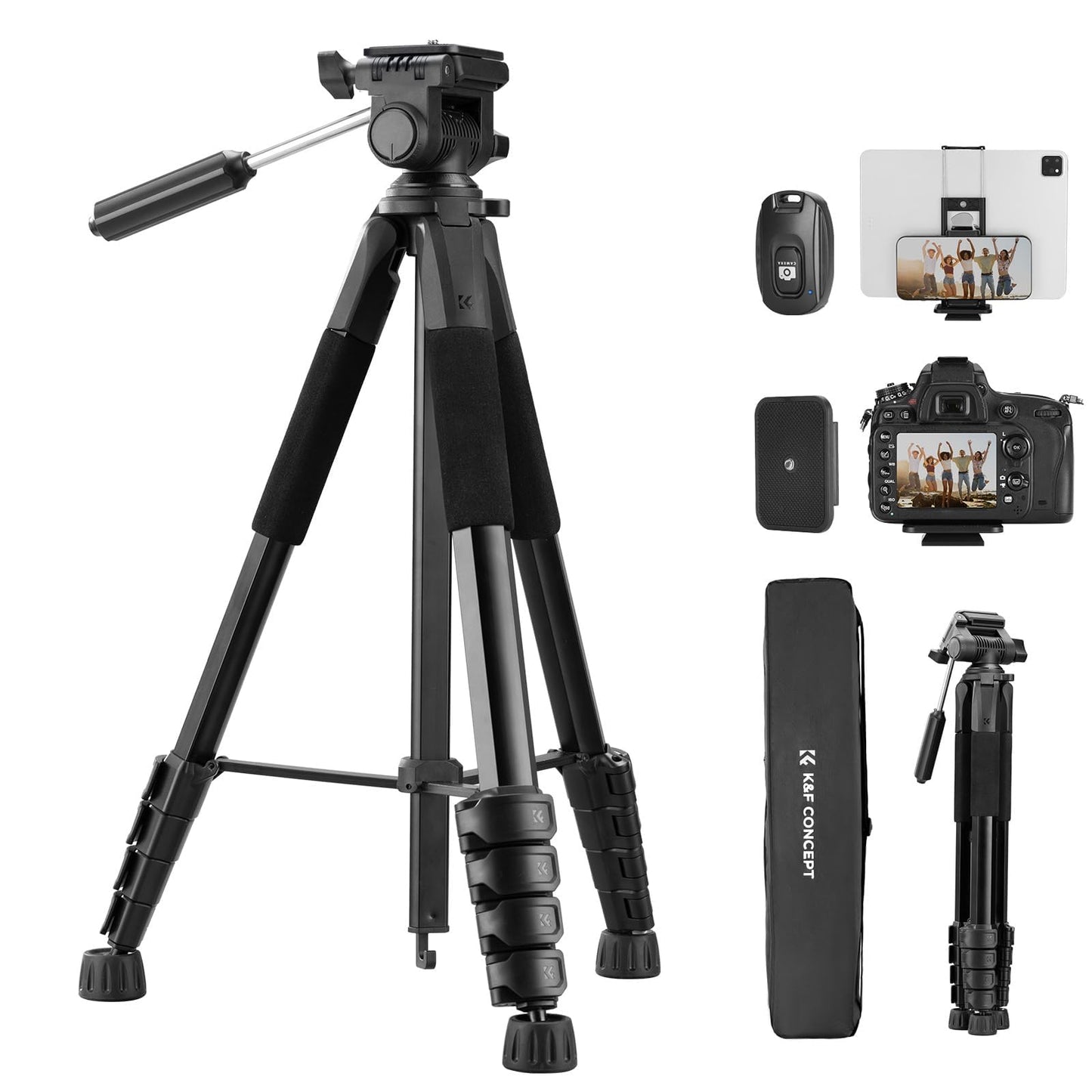 Black tripod with adjustable legs, remote, smartphone holder, camera mount, and carry bag.
