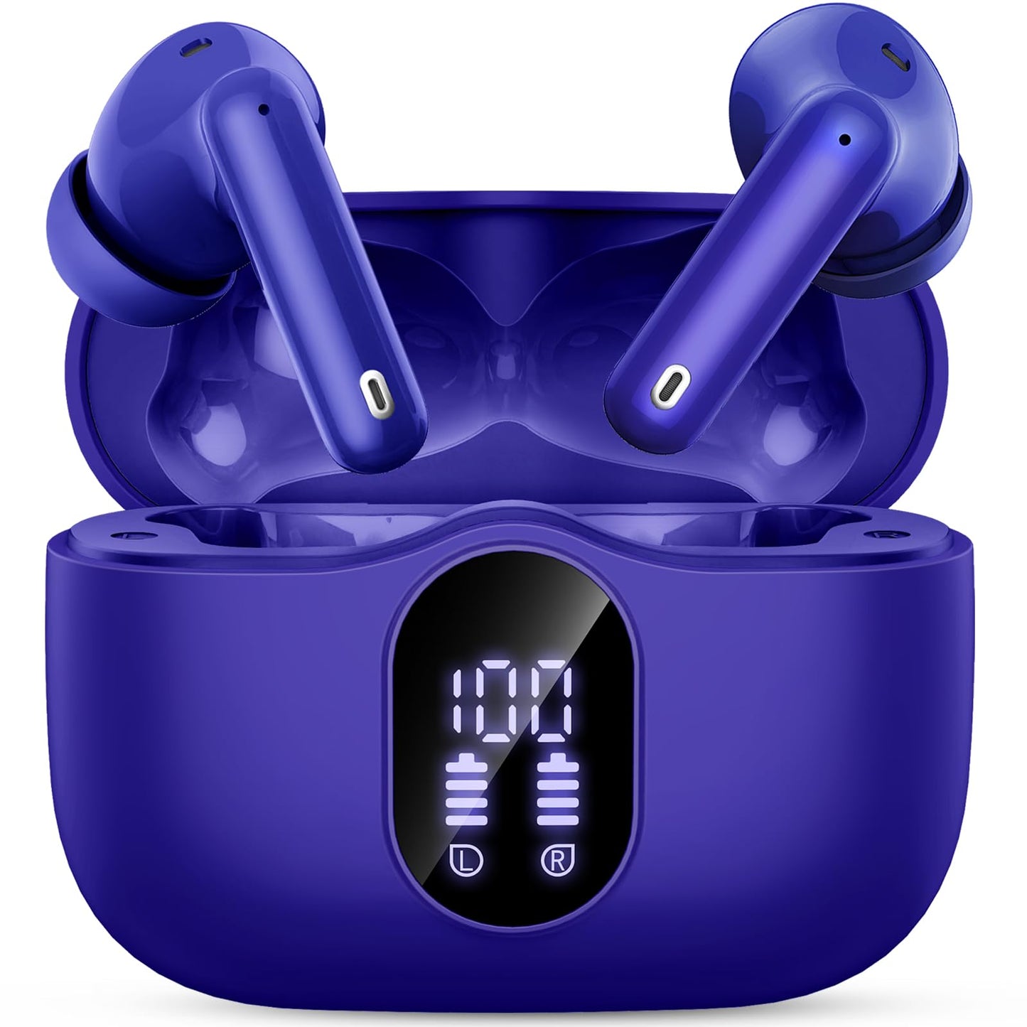 Blue wireless earbuds in a charging case with LED display showing battery levels.