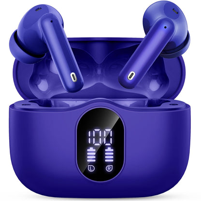 Blue wireless earbuds in a charging case with LED display showing battery levels.