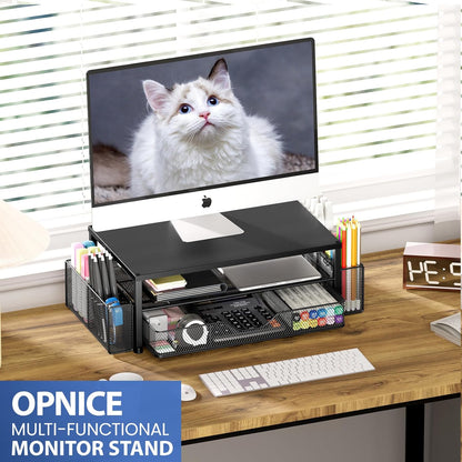 Desk Organizer and Accessories, 2-Tier Computer Monitor Stand Riser with Drawer and 2 Pen Holders, Laptop Stand, Office Desk Accessories for Office Supplies, Black