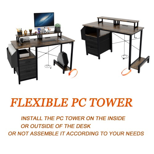 Computer Desk With Drawer And Power Outlets, 47 Office Desk With 2 Monitor Stands And Fabric File Cabinet, Writing Gaming Table With Shelves And Hooks For Home Office, Rustic Brown