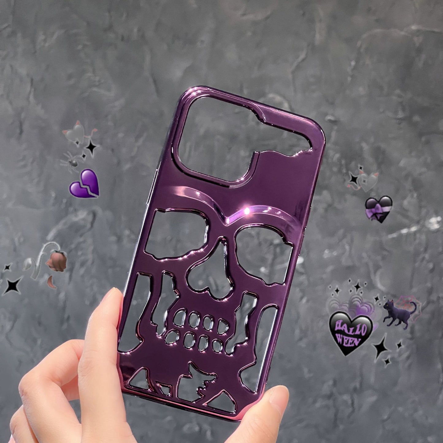 Luxury Plating 3D Skull Phone Case For I-Phone 14 Pro Max 13 12 11 Plus Breathable Glossy Hollow Out Gold Metallic Paint - Small Enterprise
