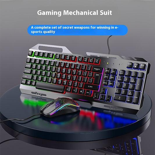 A gaming keyboard with RGB lights sits beside a multicolored gaming mouse on a round platform.