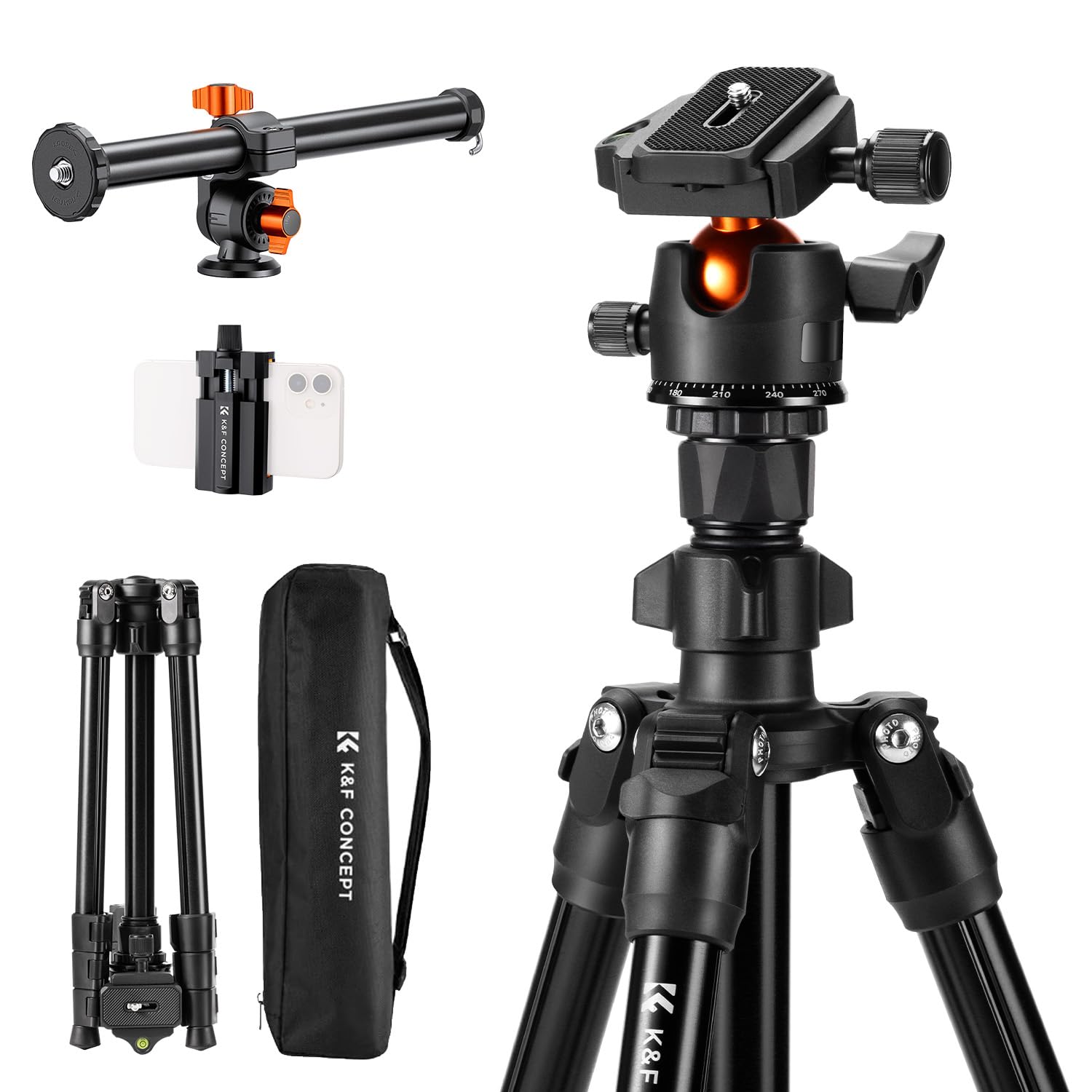 Black tripod with orange accents, phone mount, carrying case, and extension arm are shown.