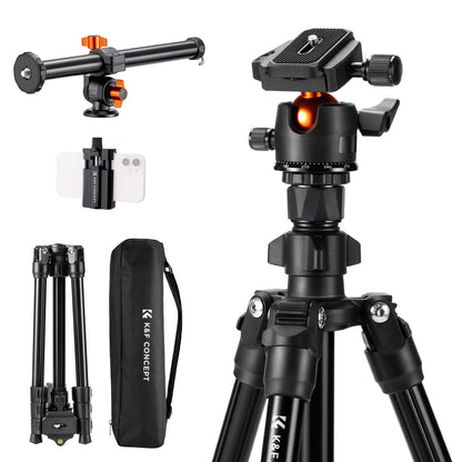 Black tripod with orange accents, phone mount, carrying case, and extension arm are shown.
