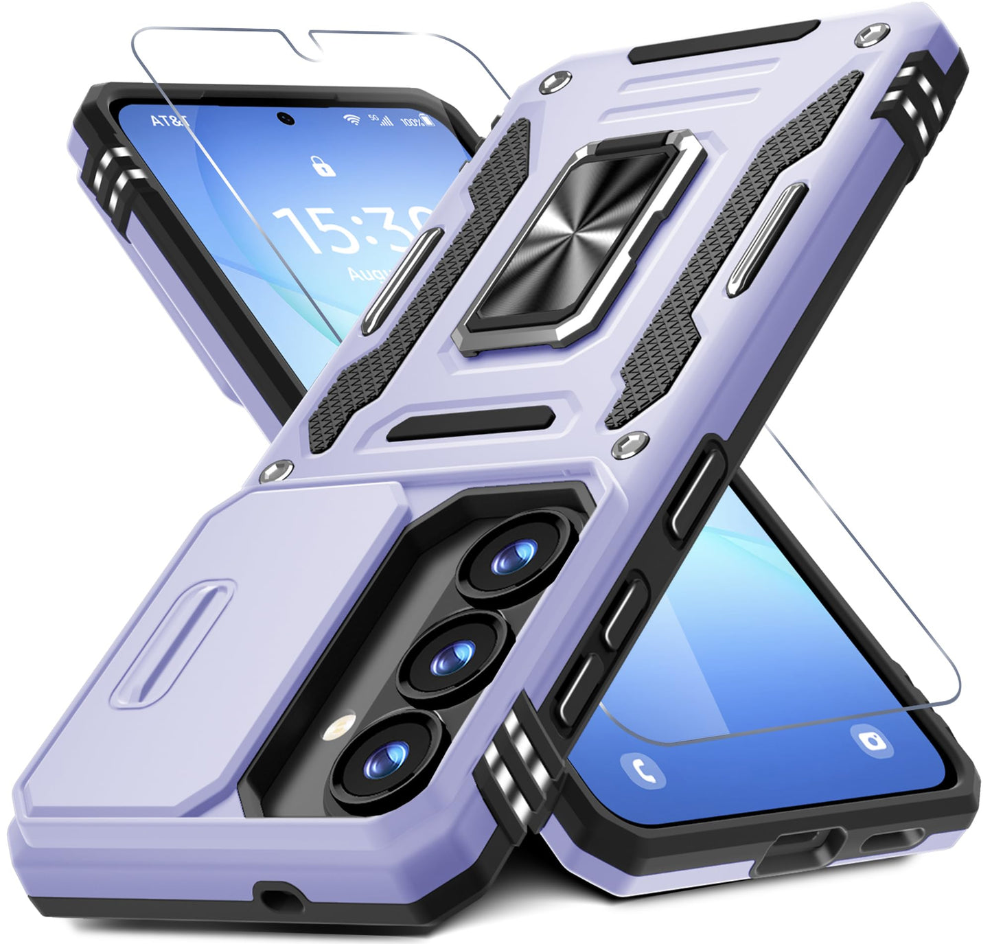 DEERLAMN Case for Samsung Galaxy A17 5G with Slide Camera Cover+Screen Protector (1 Pack), Rotated Ring Kickstand Military Grade Shockproof Protective Cover-Black