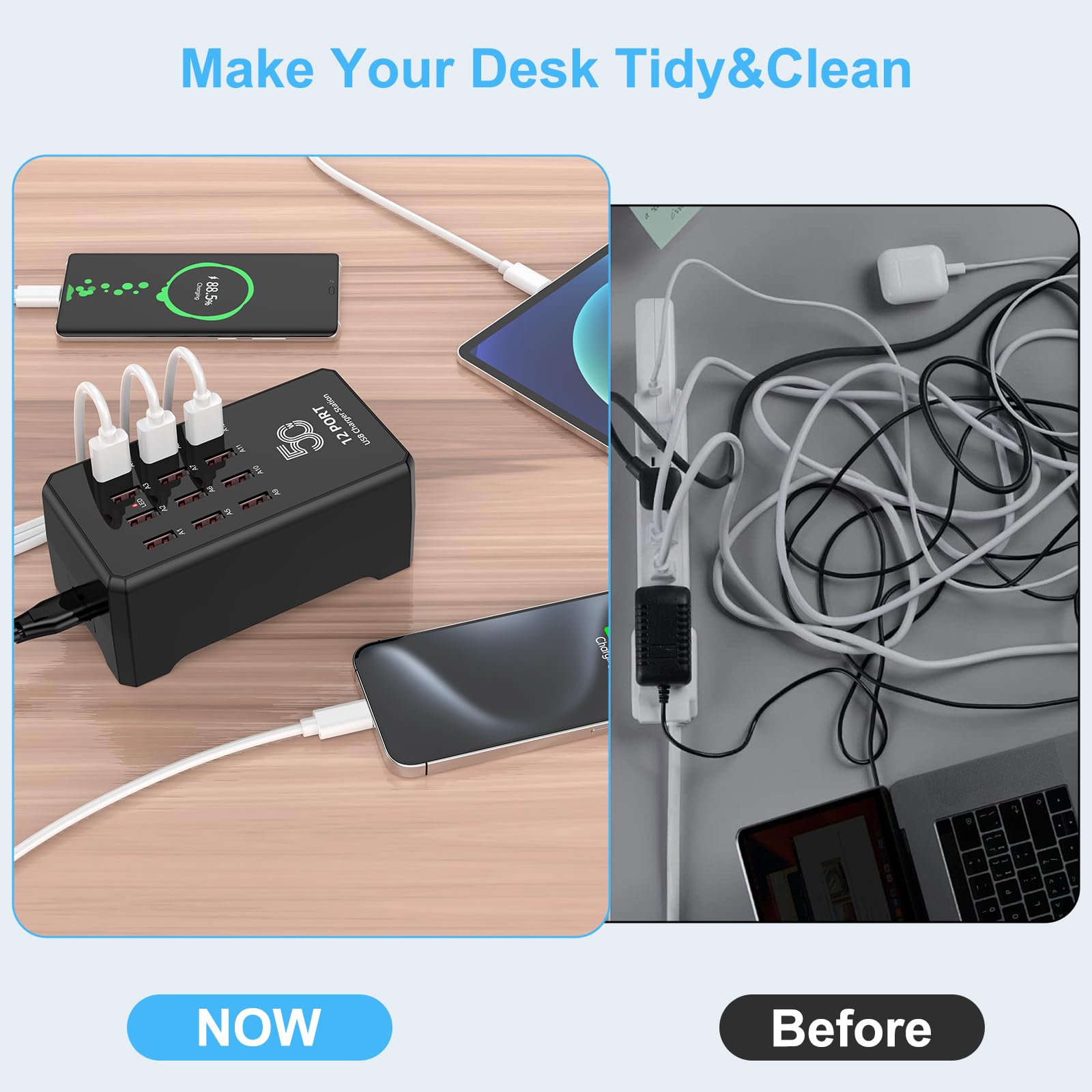 50W 12-Port USB Charging Station for Multiple Devices-Portable USB Charging Hub Compatible with iPhone, Android, Tablet, AirPods & More-Compact Charger Block for Home, Office & Entrepreneur.