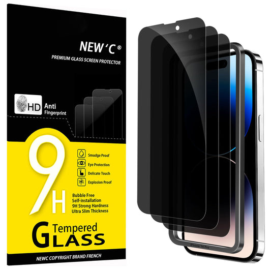 Phone screen protectors next to packaging with "9H Tempered Glass" and protection features.