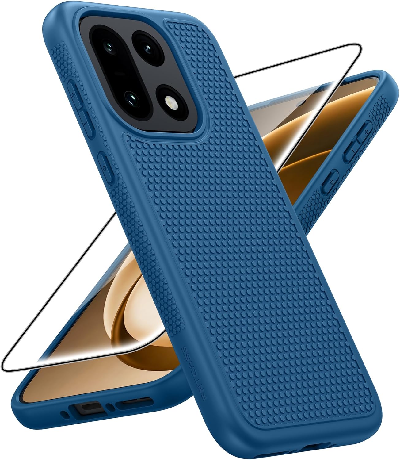Blue textured phone case with dual camera cutout, displaying a diagonal view with a screen protector.