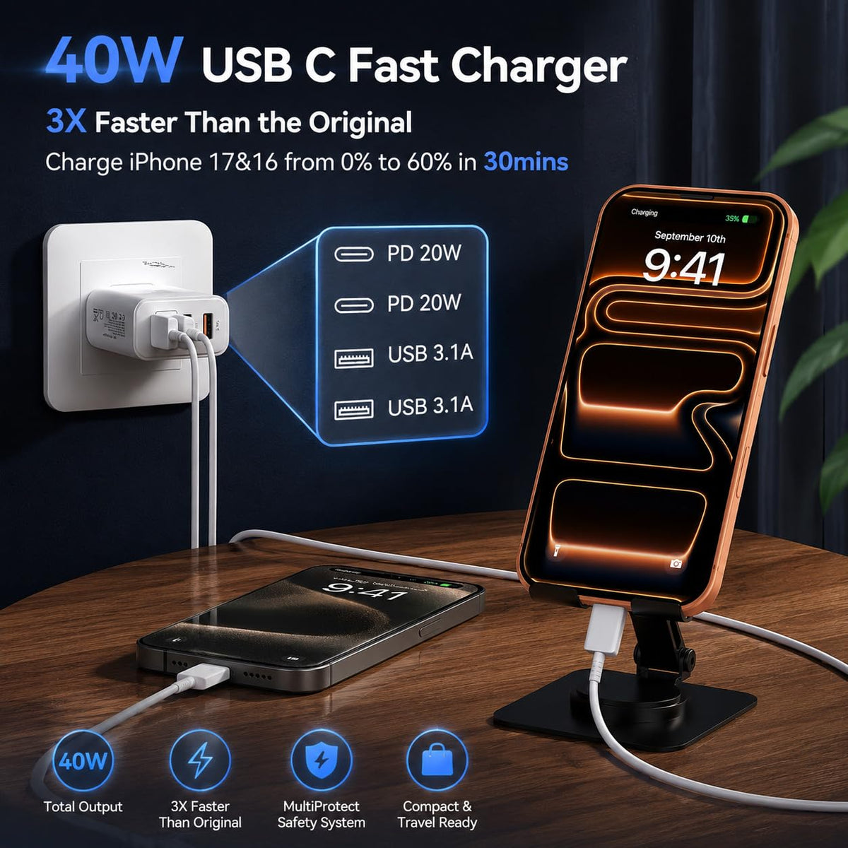 USB C Wall Charger Block, 40W USB Type C iPhone Charger Fast Charging Block