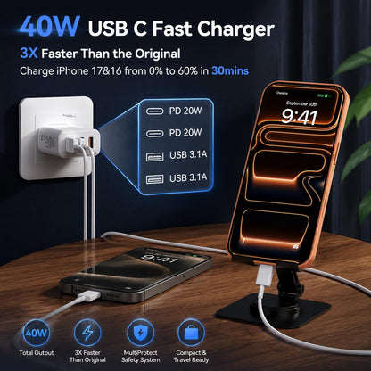 USB C Wall Charger Block, 40W USB Type C iPhone Charger Fast Charging Block
