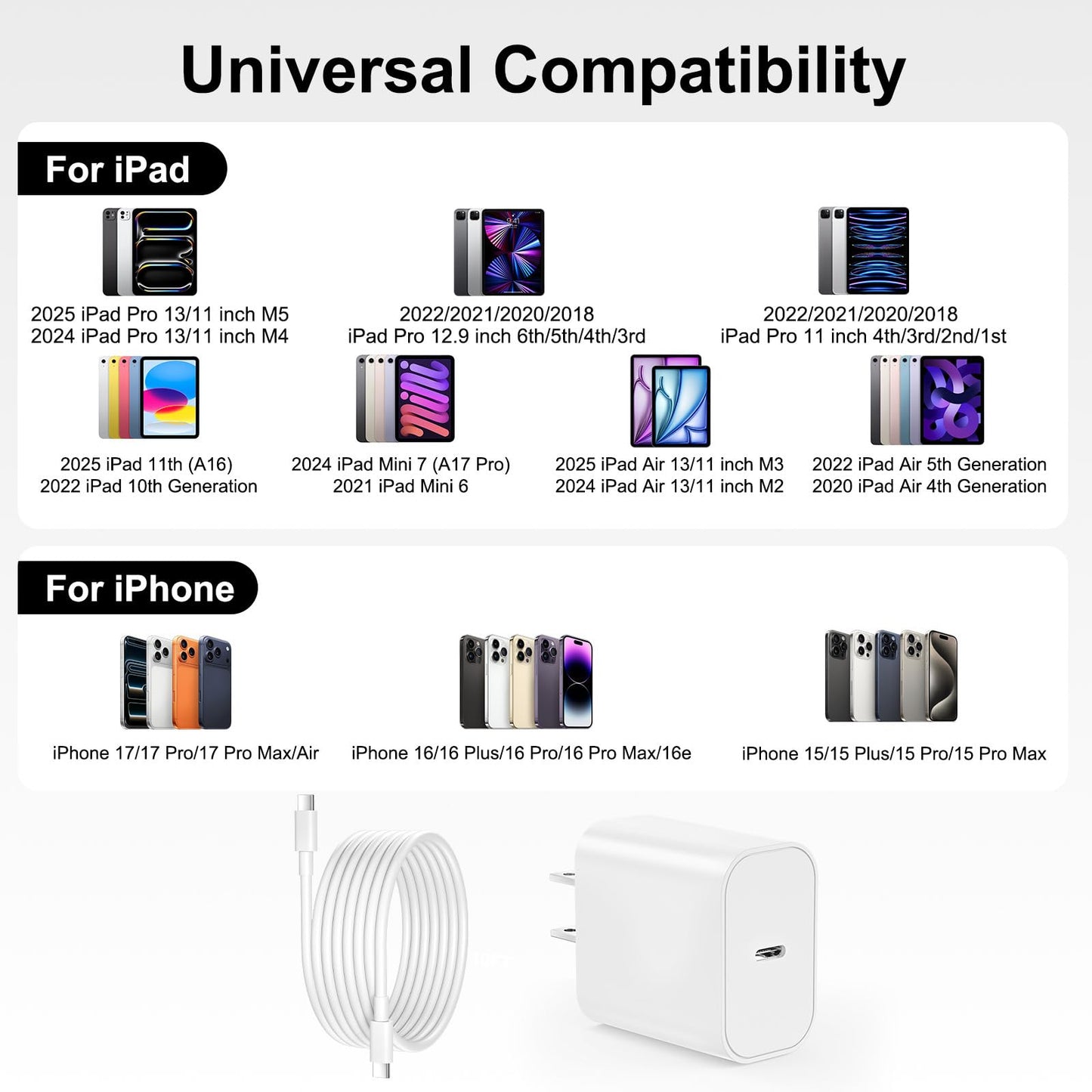 iPad Charger Fast Charging, 20W USB C Charger Block with 10FT & 6FT USB C to C Cable for iPad Pro 13/12.9/11 inch, iPad A16 11th/10th Generation, iPad Air 13/11 inch M4/M3/M2/5th/4th, iPad mini 7/6