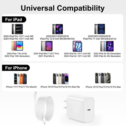 iPad Charger Fast Charging, 20W USB C Charger Block with 10FT & 6FT USB C to C Cable for iPad Pro 13/12.9/11 inch, iPad A16 11th/10th Generation, iPad Air 13/11 inch M4/M3/M2/5th/4th, iPad mini 7/6