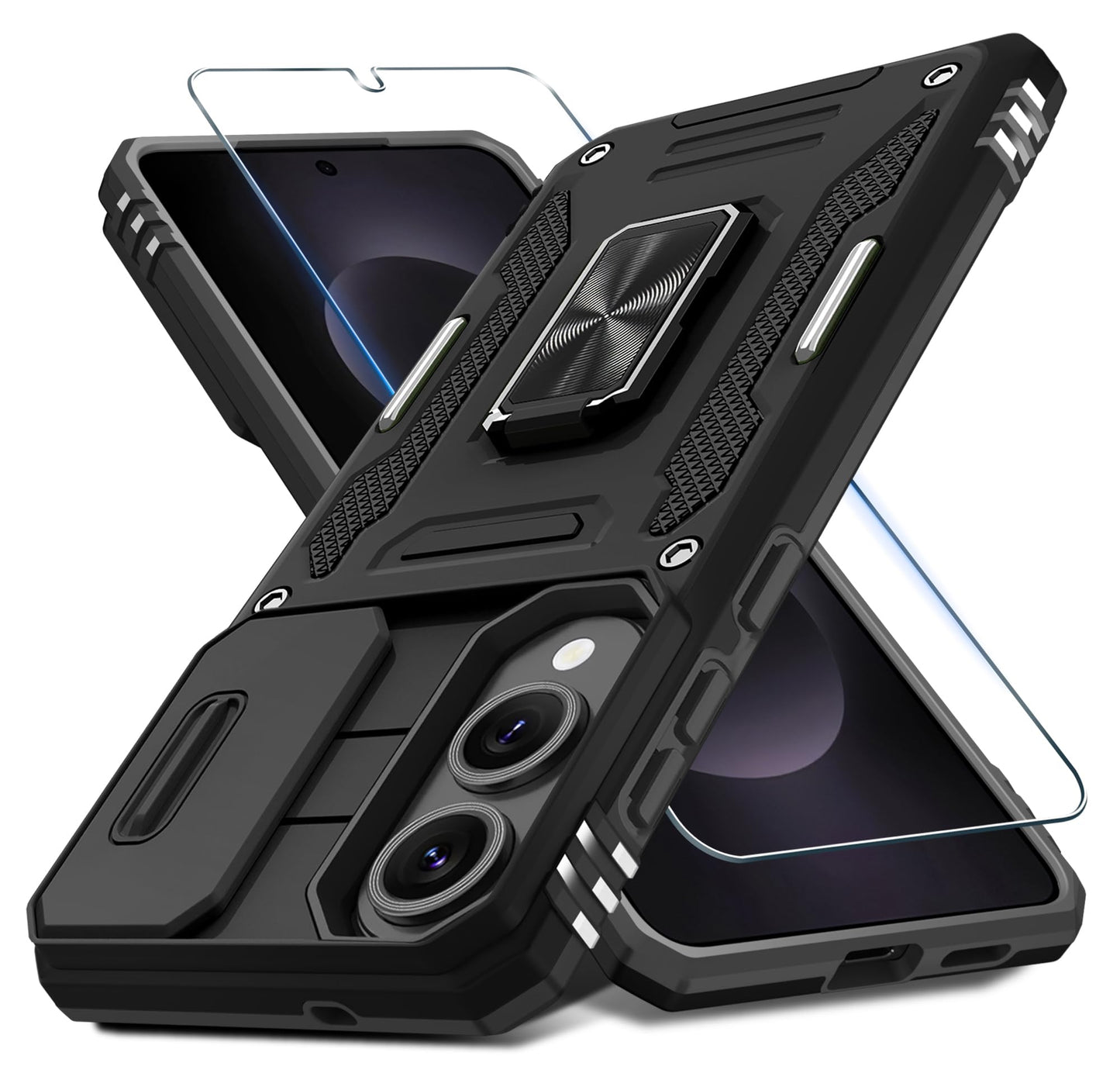 DEERLAMN Case for Samsung Galaxy A17 5G with Slide Camera Cover+Screen Protector (1 Pack), Rotated Ring Kickstand Military Grade Shockproof Protective Cover-Black