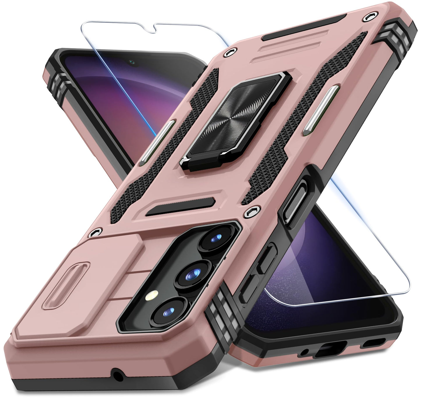 DEERLAMN Case for Samsung Galaxy A17 5G with Slide Camera Cover+Screen Protector (1 Pack), Rotated Ring Kickstand Military Grade Shockproof Protective Cover-Black