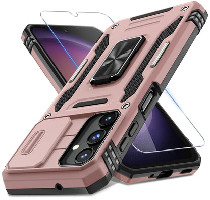 DEERLAMN Case for Samsung Galaxy A17 5G with Slide Camera Cover+Screen Protector (1 Pack), Rotated Ring Kickstand Military Grade Shockproof Protective Cover-Black