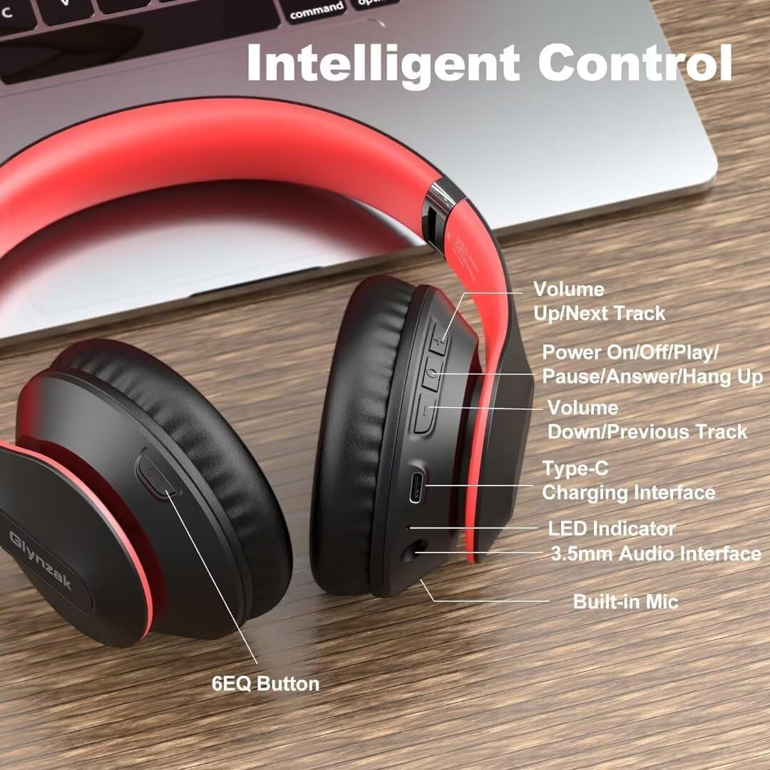 Glynzak Wireless Bluetooth Headphones Over Ear 65H Playtime HiFi Stereo Headset with Microphone and 6EQ Modes Foldable Bluetooth 6.0 Headphones for Travel Smartphone Computer Laptop