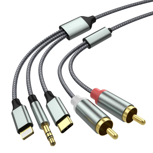 Lightning to RCA Cable Audio Aux Adapter,RCA to 3.5mm Cable，USB C to 2 RCA Audio Cable， (3 in 1 Audio Cable) for Power Amplifier, Car, Home Theater, Speaker and More(Lightning Compatible)(4.26FT)