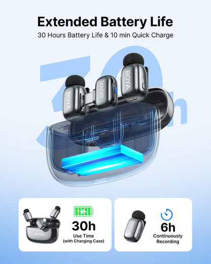 BOYA mini 2 Wireless Lavalier Microphones for iPhone 15/16/17 & Android, AI Noise Cancellation, App Control, 30H Battery Life with Charging Case, Lapel Microphone Wireless for Video Recording Vlogging