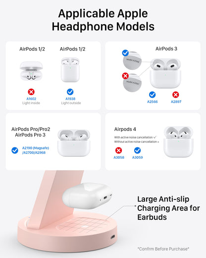 Anlmz 3 in 1 Charging Station for iPhone, Wireless Charger for iPhone 17 16e 16 15 14 13 12 11 X Pro Max & Apple Watch - Charging Stand Dock for AirPods (Pink)