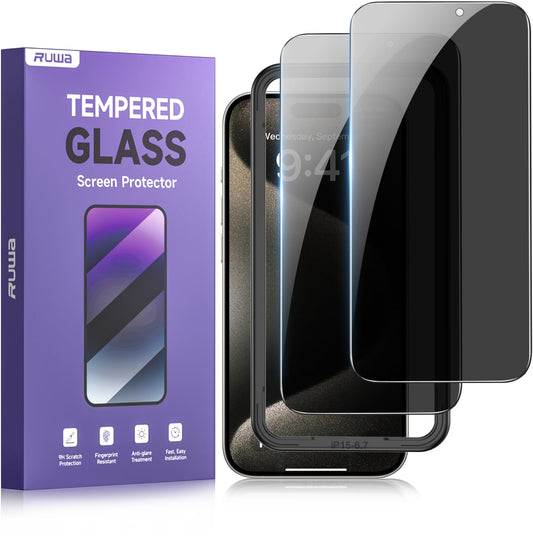 Purple box with "Tempered Glass" text. Three phone screen protectors are displayed beside it.