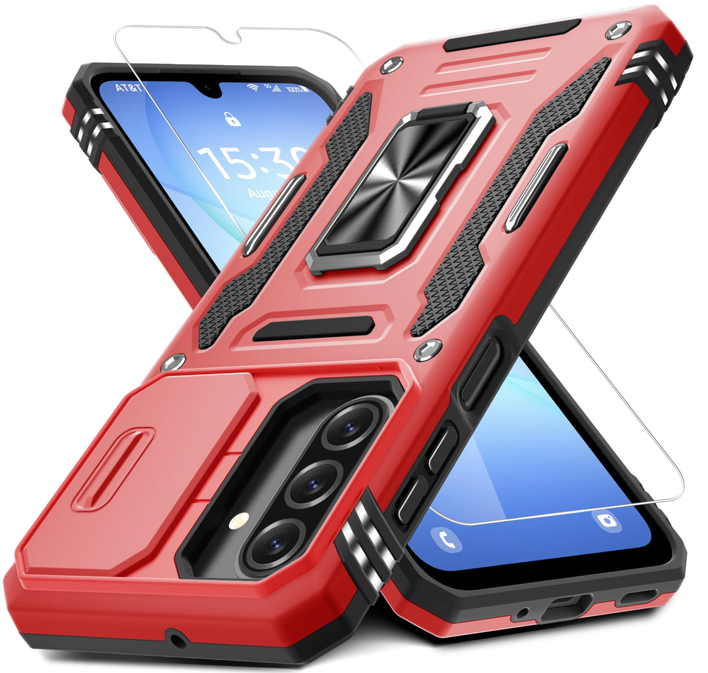DEERLAMN Case for Samsung Galaxy A17 5G with Slide Camera Cover+Screen Protector (1 Pack), Rotated Ring Kickstand Military Grade Shockproof Protective Cover-Black