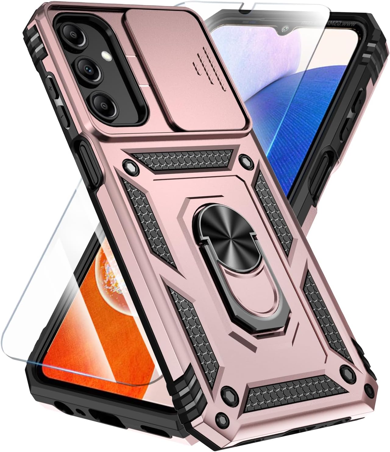 Rugged pink phone case with a ring stand, camera cover, and textured grip.