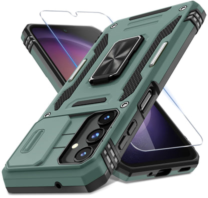 DEERLAMN Case for Samsung Galaxy A17 5G with Slide Camera Cover+Screen Protector (1 Pack), Rotated Ring Kickstand Military Grade Shockproof Protective Cover-Black
