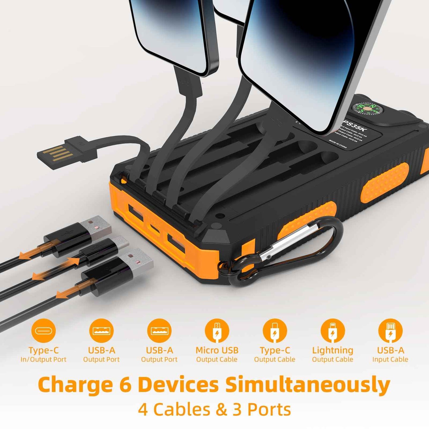 Solar Power Bank 20000mAh with 4 Cables & Flashlights