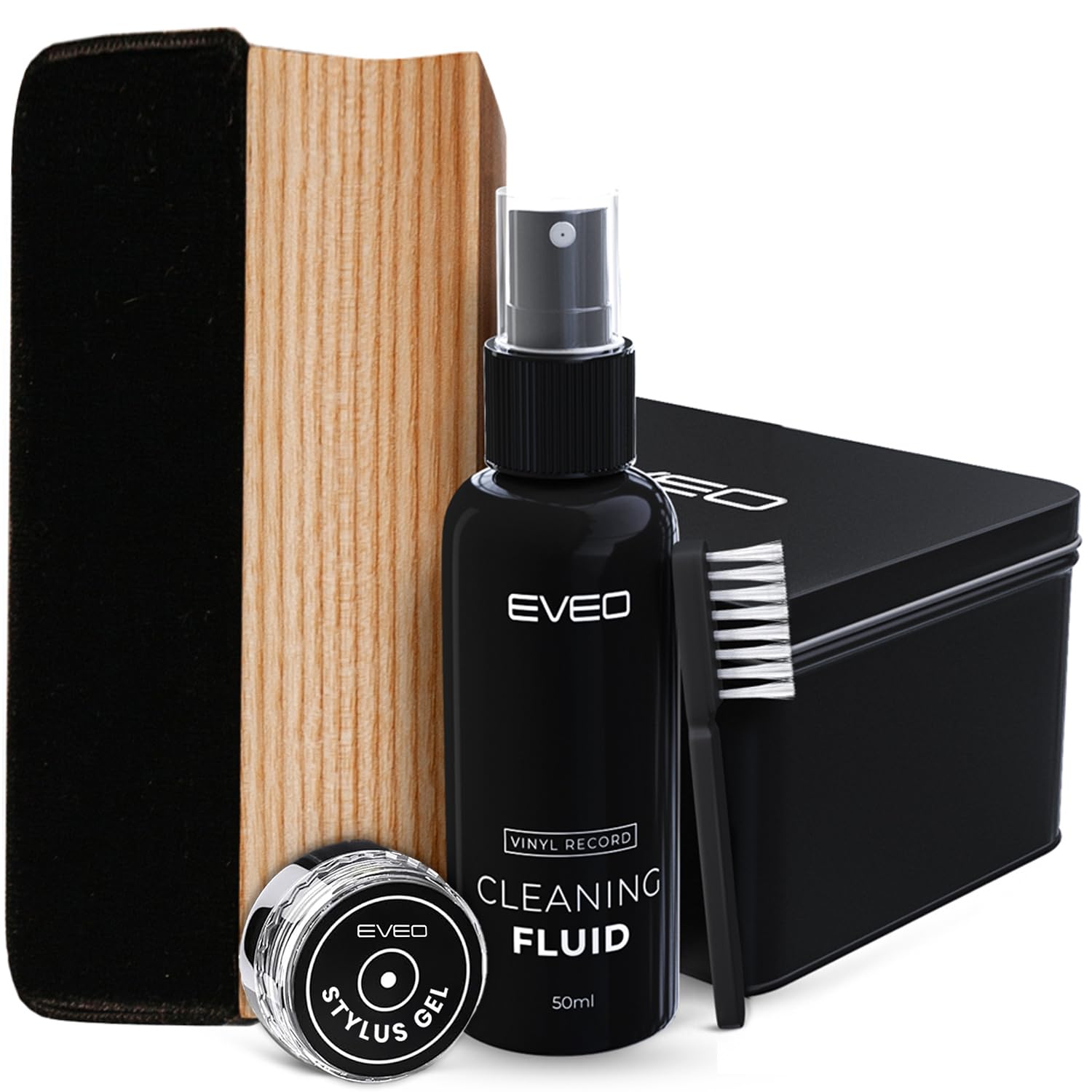 Vinyl cleaning set with black fluid bottle, stylus gel, brush, wooden brush, and black case.