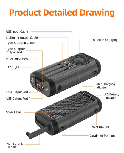 Solar Power Bank 20000mAh with 4 Cables & Flashlights