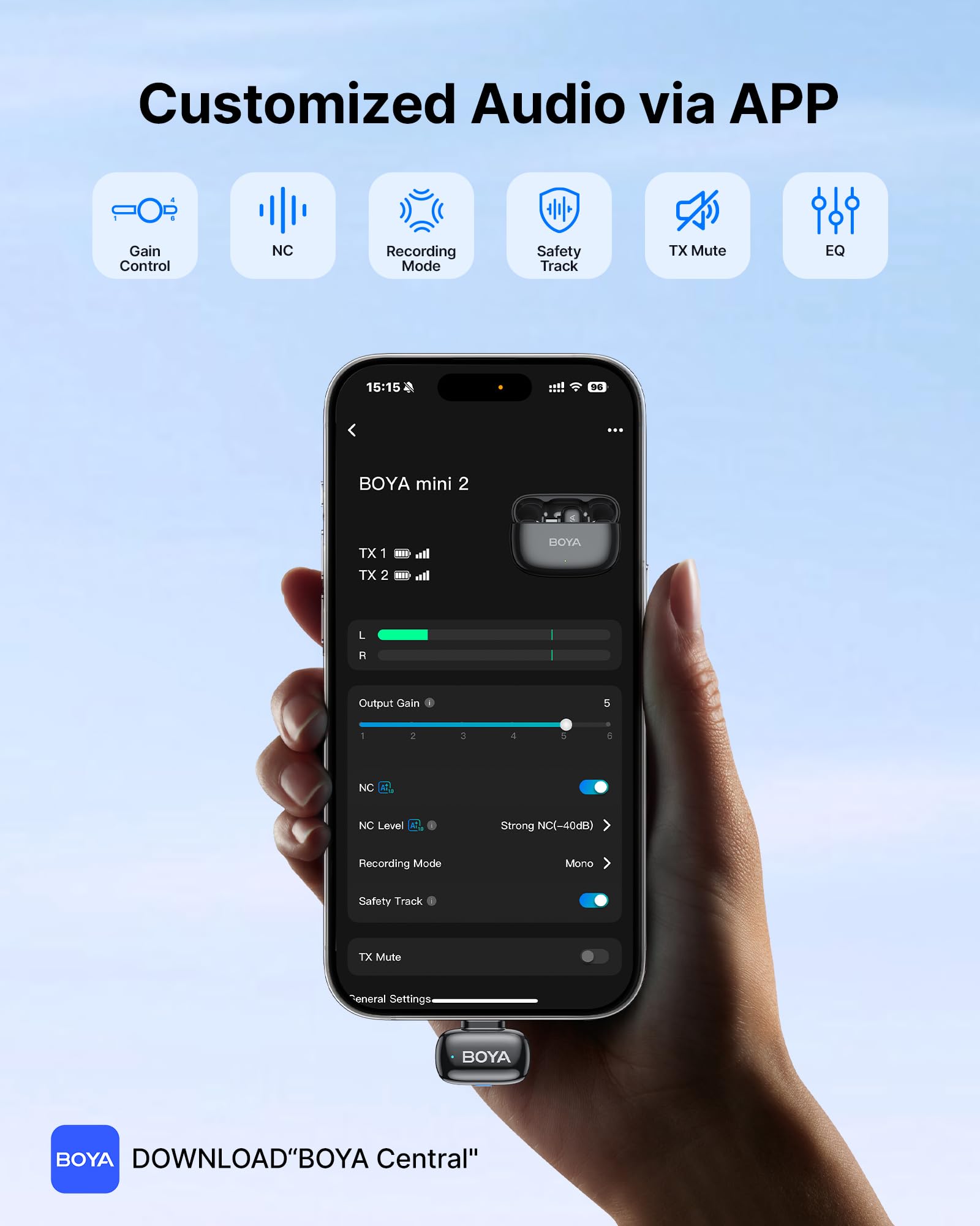 BOYA mini 2 Wireless Lavalier Microphones for iPhone 15/16/17 & Android, AI Noise Cancellation, App Control, 30H Battery Life with Charging Case, Lapel Microphone Wireless for Video Recording Vlogging