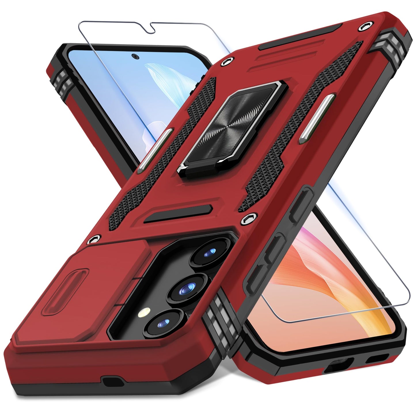 DEERLAMN Case for Samsung Galaxy A17 5G with Slide Camera Cover+Screen Protector (1 Pack), Rotated Ring Kickstand Military Grade Shockproof Protective Cover-Black