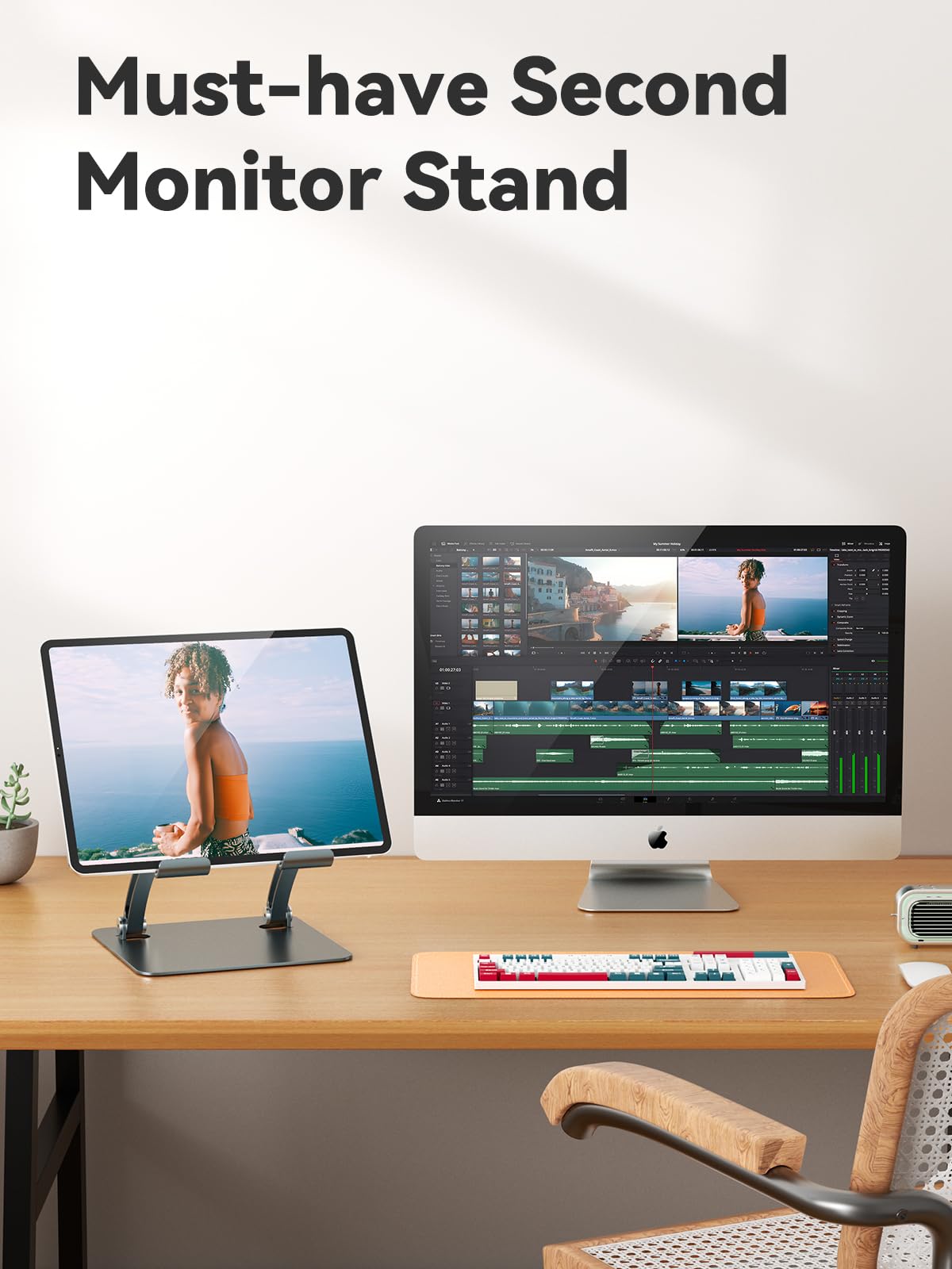 Dual Rod Adjustable Tablet Holder Stand (Gray)