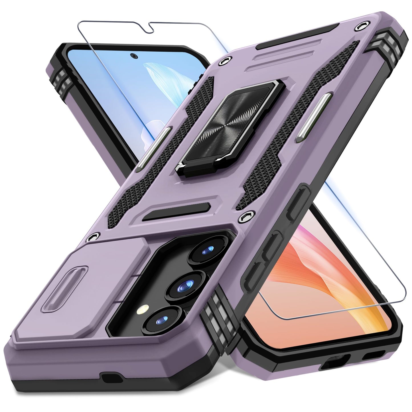 DEERLAMN Case for Samsung Galaxy A17 5G with Slide Camera Cover+Screen Protector (1 Pack), Rotated Ring Kickstand Military Grade Shockproof Protective Cover-Black